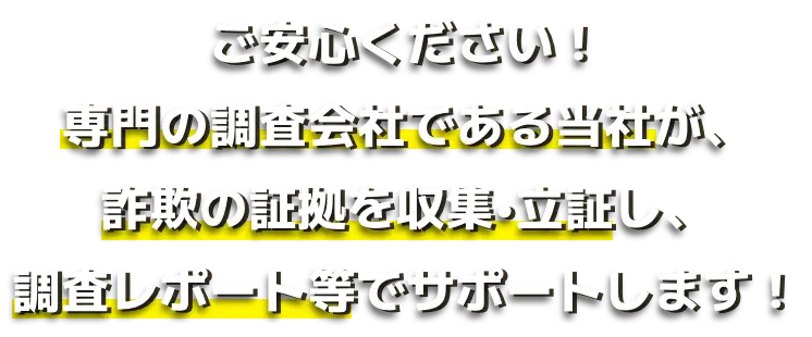 ご安心ください！専門の調査会社である当社が、詐欺の証拠を収集•立証し、調査レポート等でサポートします！